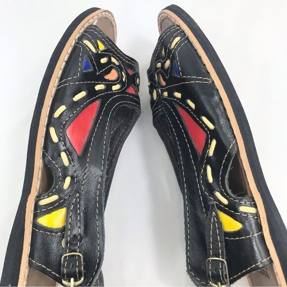 Maria Bonita Black Leather Colorful Stitch Inlay Slingback Open Toe Flat Sandals - Picture 4 of 16